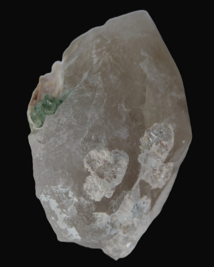Green Tourmaline crystal on unusual Clear Calcite crystal overgrown dusted Mica layer 144g in sunlight - Rocks and Things Store