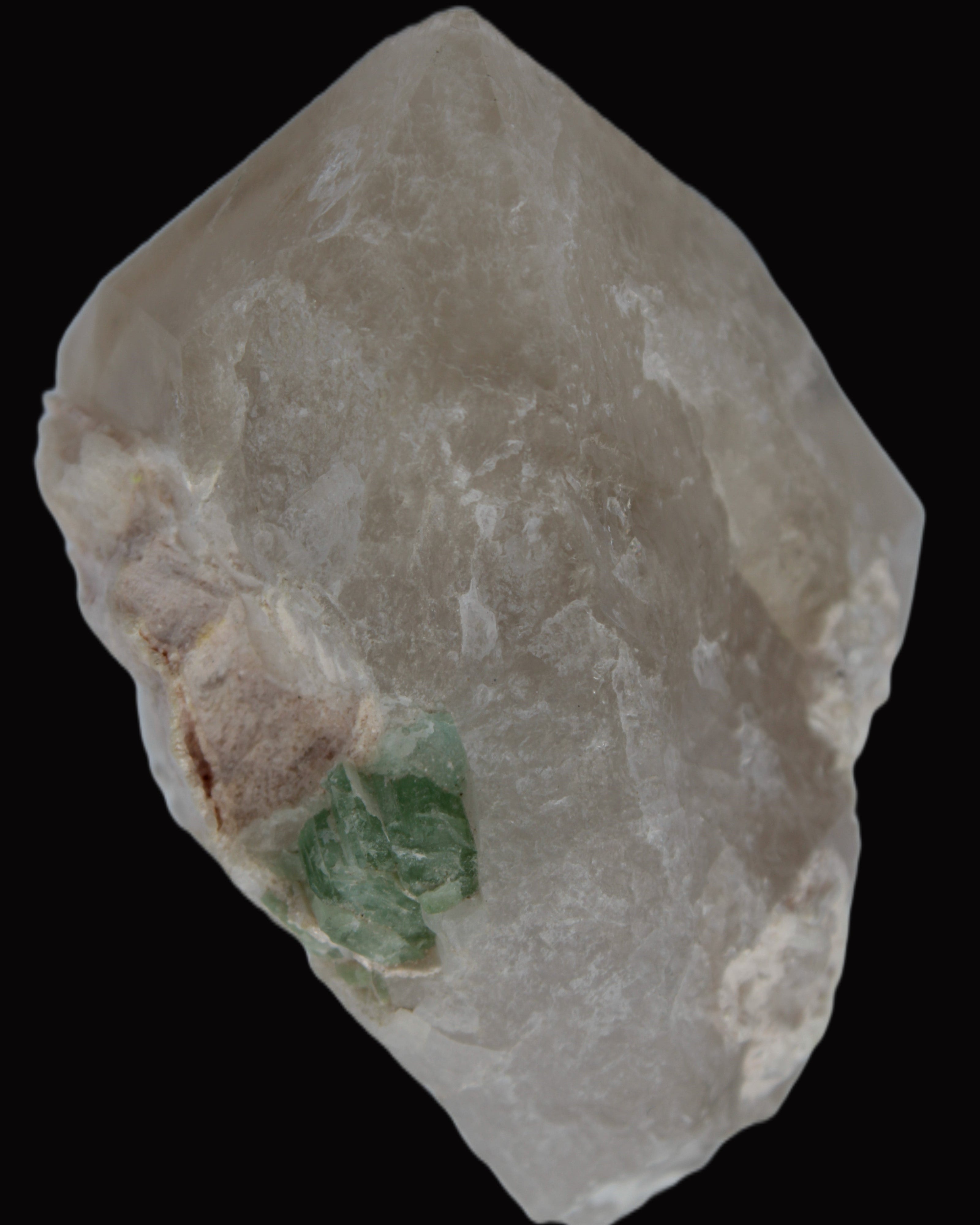 Green Tourmaline crystal on unusual Clear Calcite crystal overgrown dusted Mica layer 144g in sunlight - Rocks and Things Store