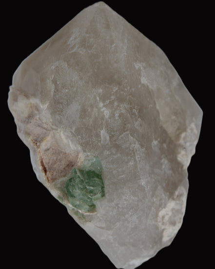 Green Tourmaline crystal on unusual Clear Calcite crystal overgrown dusted Mica layer 144g in sunlight - Rocks and Things Store