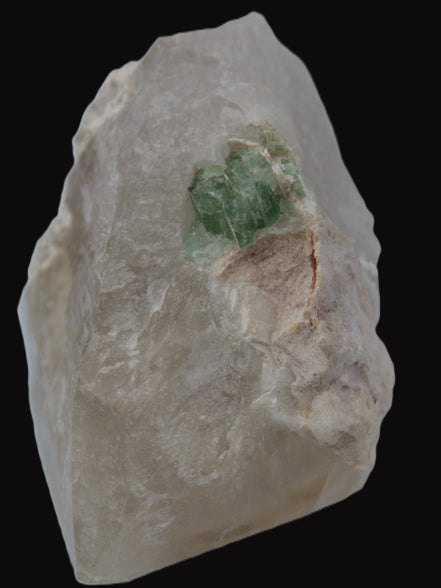 Green Tourmaline crystal on unusual Clear Calcite crystal overgrown dusted Mica layer 144g in sunlight - Rocks and Things Store