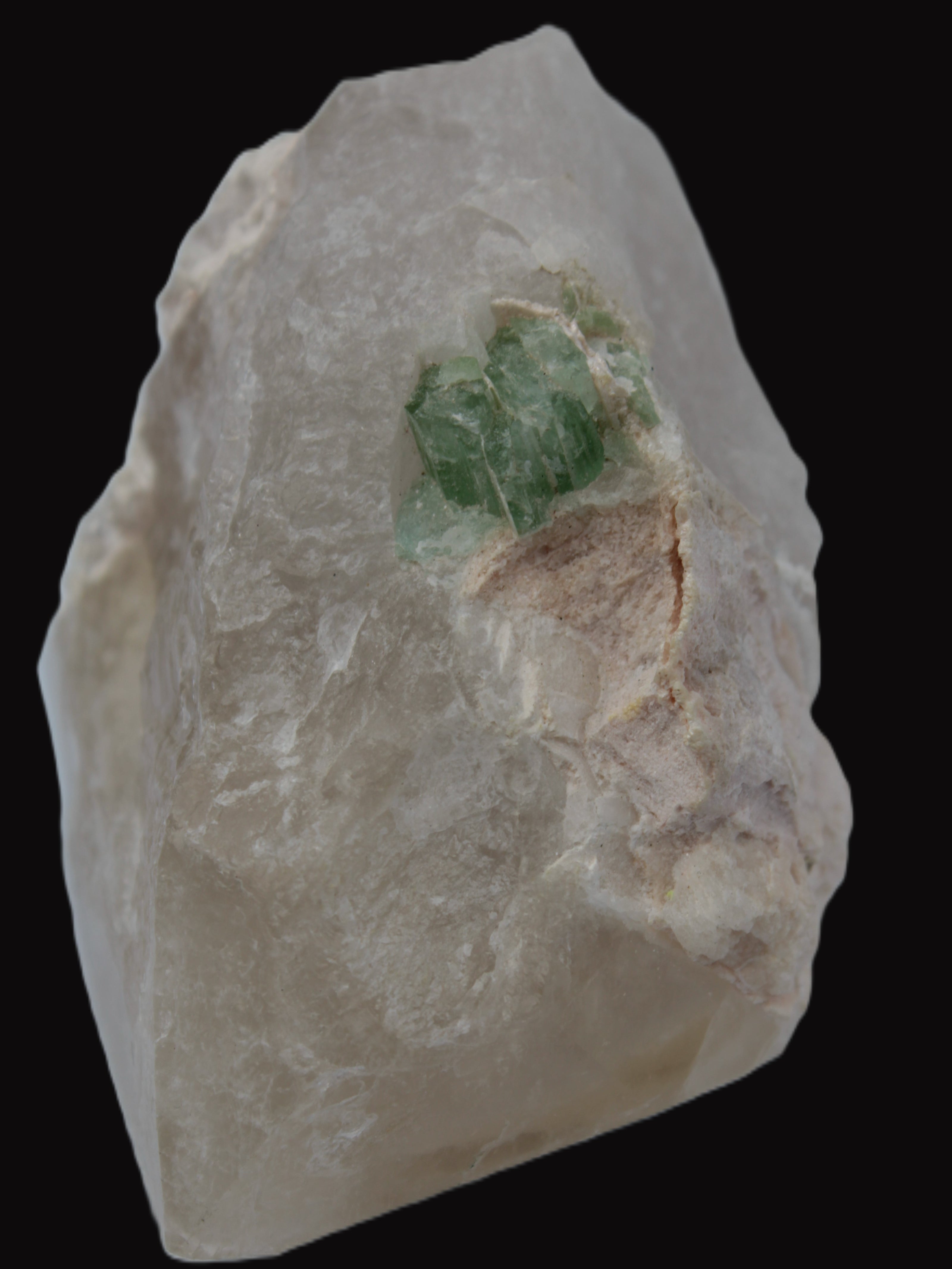 Green Tourmaline crystal on unusual Clear Calcite crystal overgrown dusted Mica layer 144g in sunlight - Rocks and Things Store
