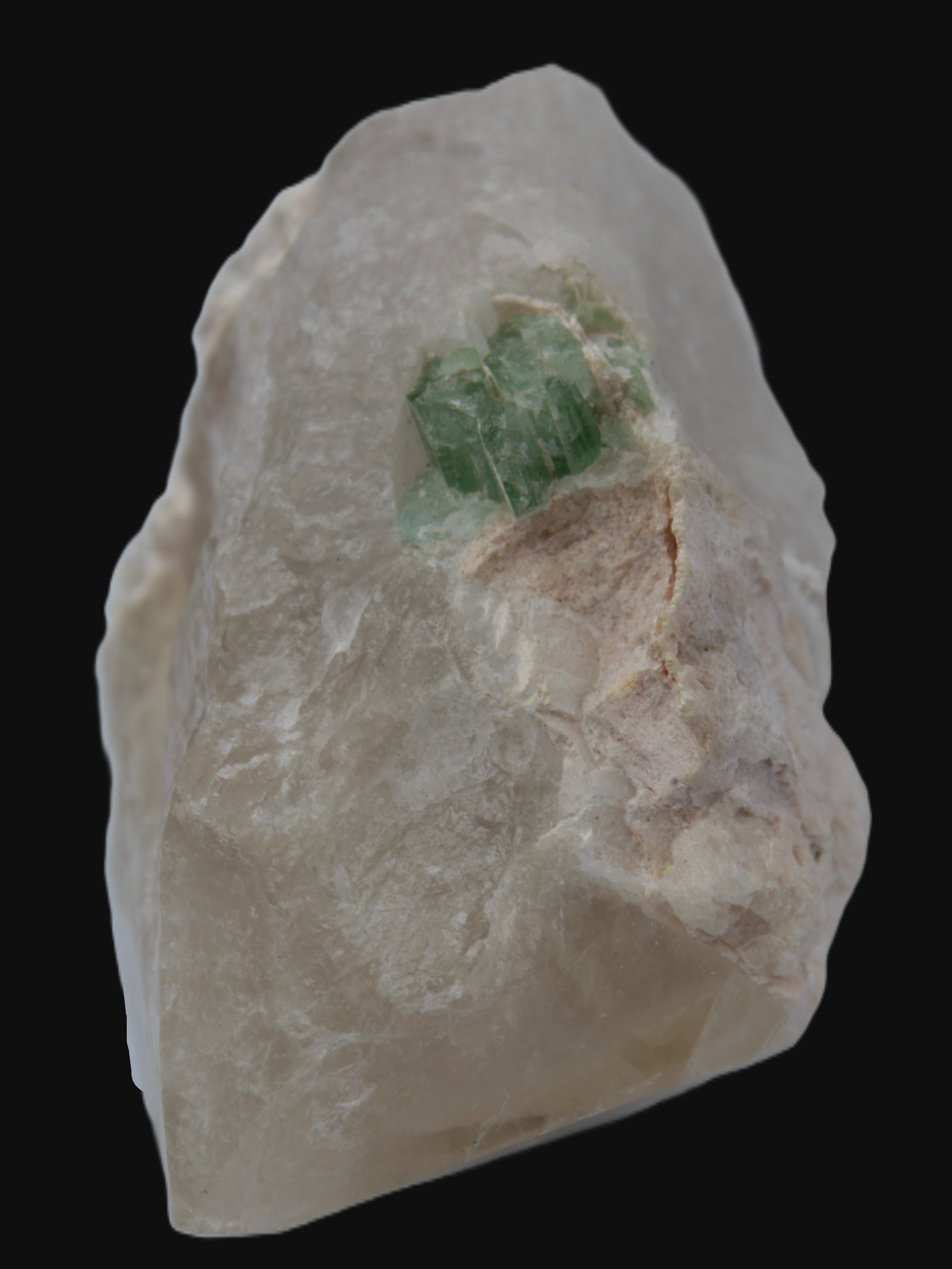 Green Tourmaline crystal on unusual Clear Calcite crystal overgrown dusted Mica layer 144g in sunlight - Rocks and Things Store