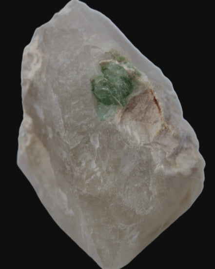 Green Tourmaline crystal on unusual Clear Calcite crystal overgrown dusted Mica layer 144g in sunlight - Rocks and Things Store