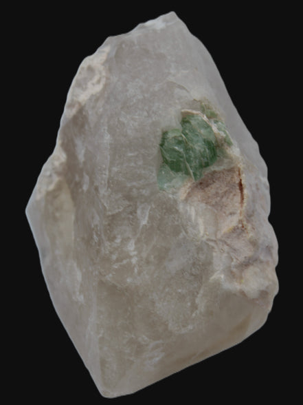 Green Tourmaline crystal on unusual Clear Calcite crystal overgrown dusted Mica layer 144g in sunlight - Rocks and Things Store