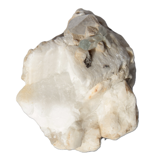 Amphitheatre Feldspar matrix with Mica holding Aquamarine & Quartz crystals 325ct 65g in sunlight - Rocks and Things Store