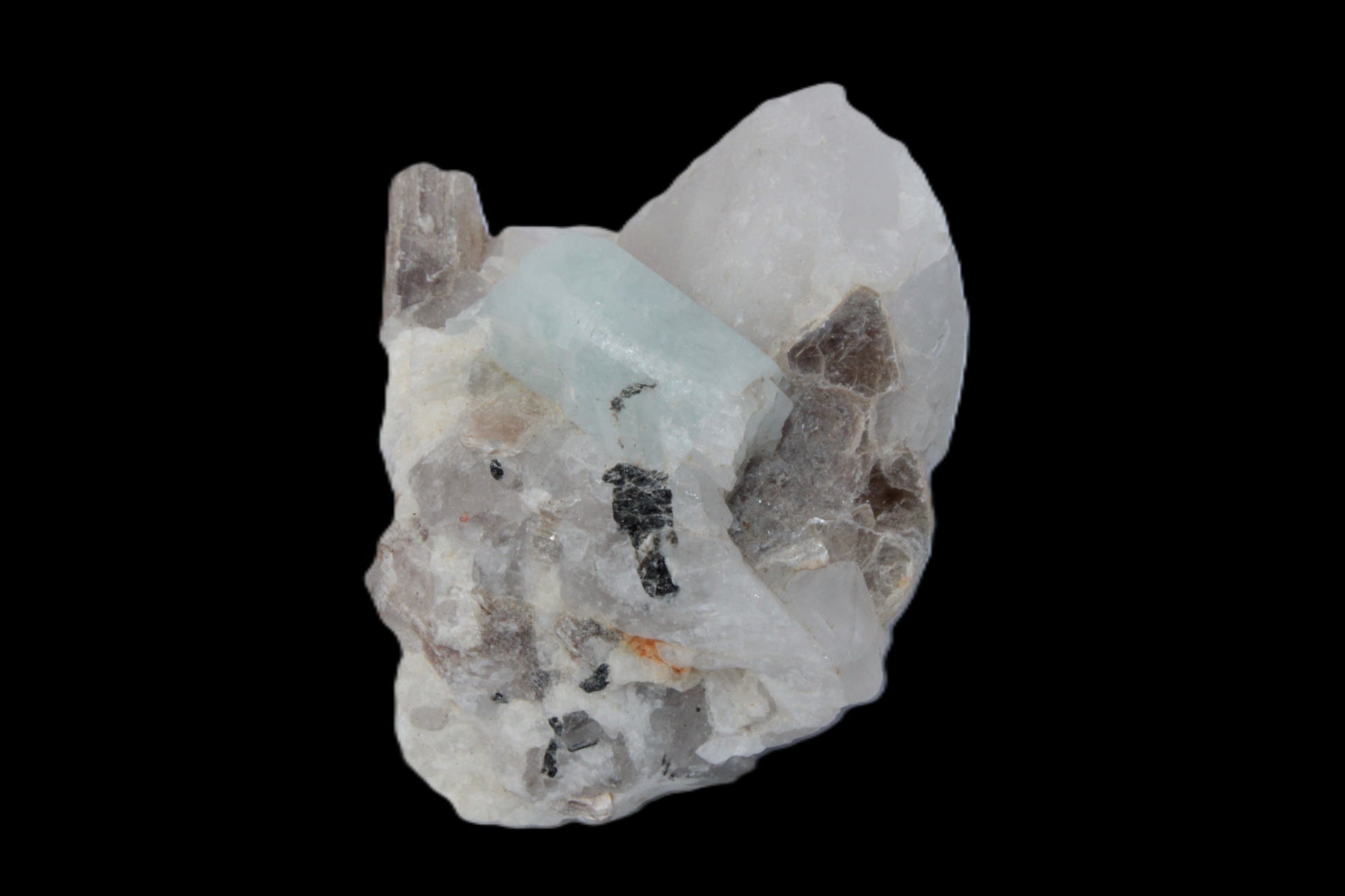 Aquamarine crystal with Lepidolote & Tourmaline crystals on matrix 159.8ct  31.9g Rocks and Things