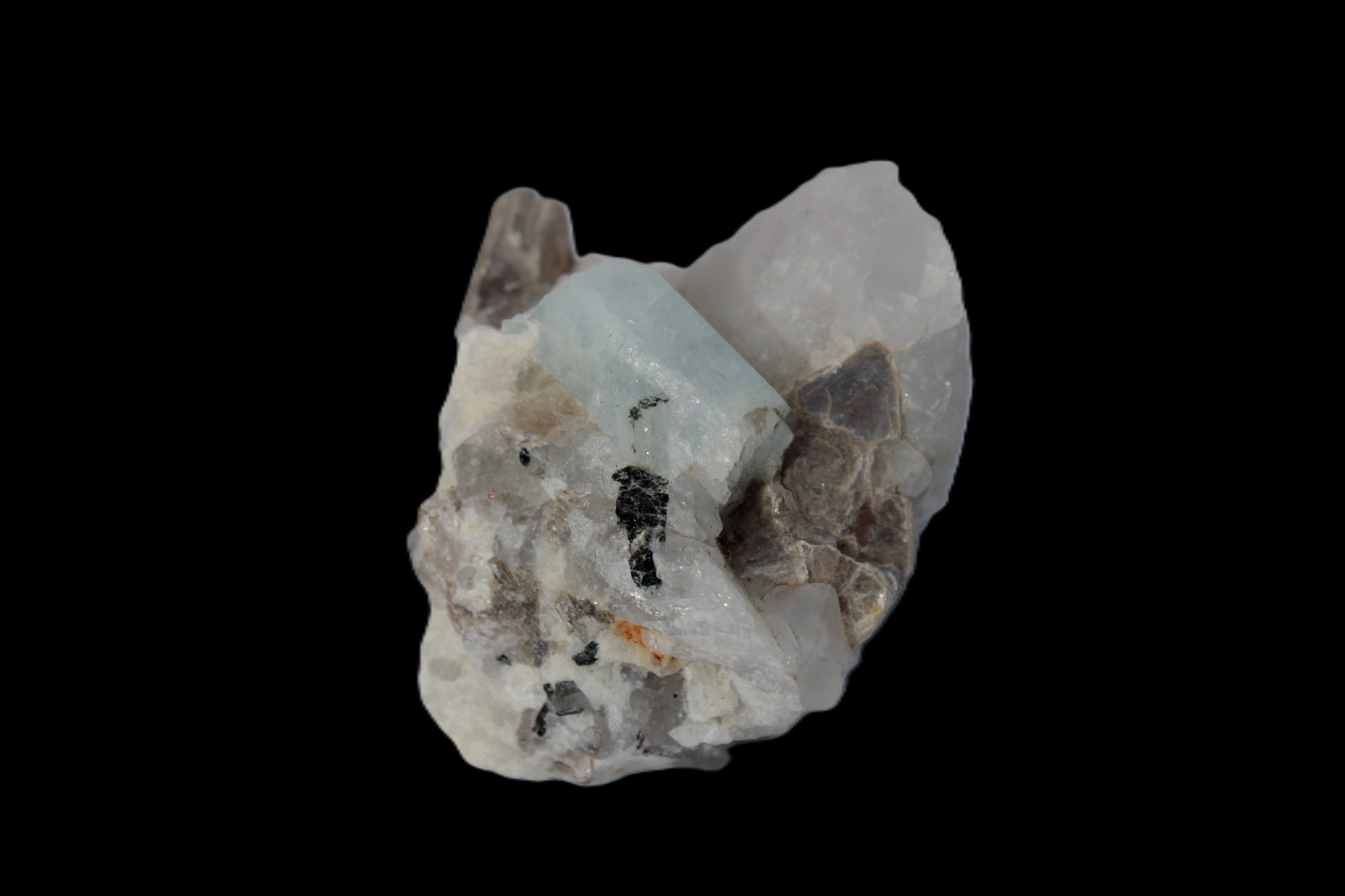 Aquamarine crystal with Lepidolote & Tourmaline crystals on matrix 159.8ct  31.9g Rocks and Things