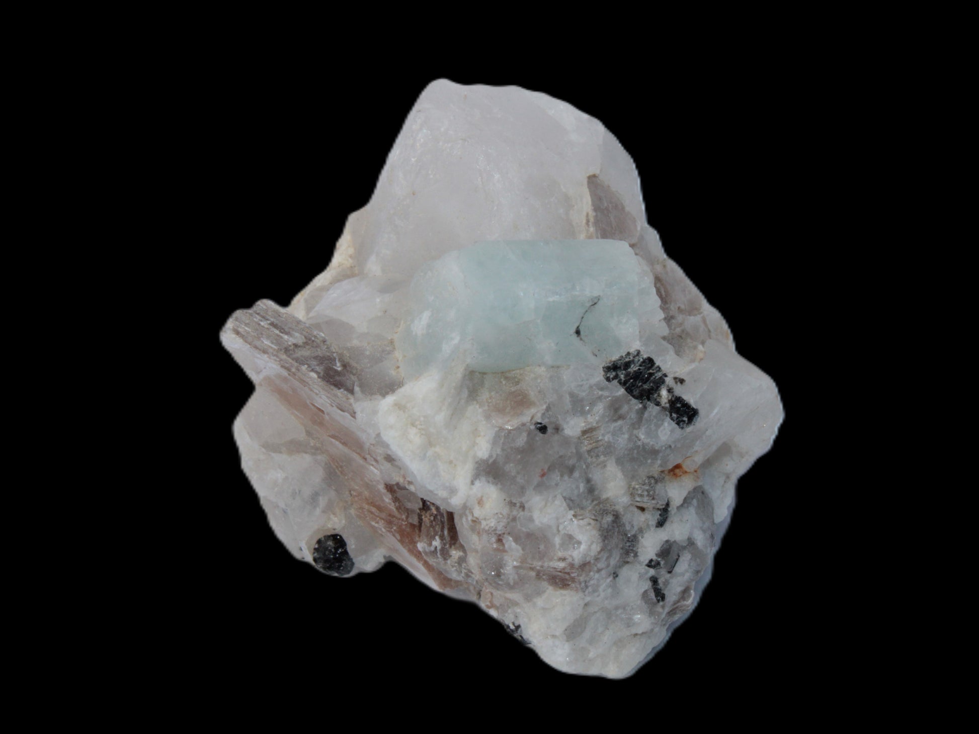 Aquamarine crystal with Lepidolote & Tourmaline crystals on matrix 159.8ct  31.9g Rocks and Things