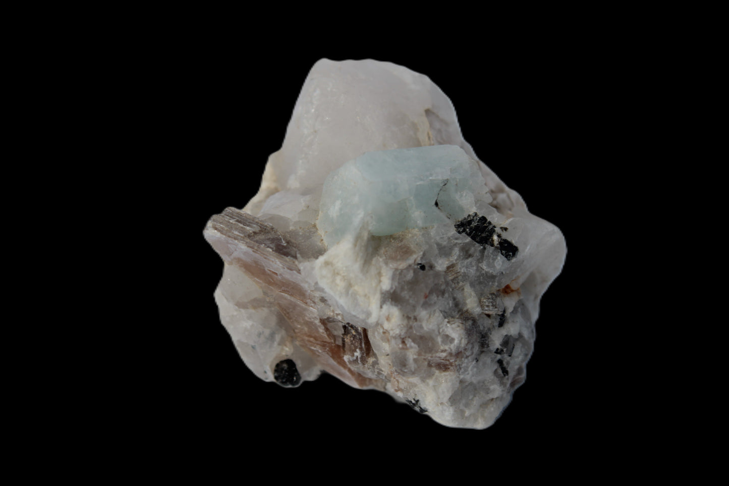 Aquamarine crystal with Lepidolote & Tourmaline crystals on matrix 159.8ct  31.9g Rocks and Things