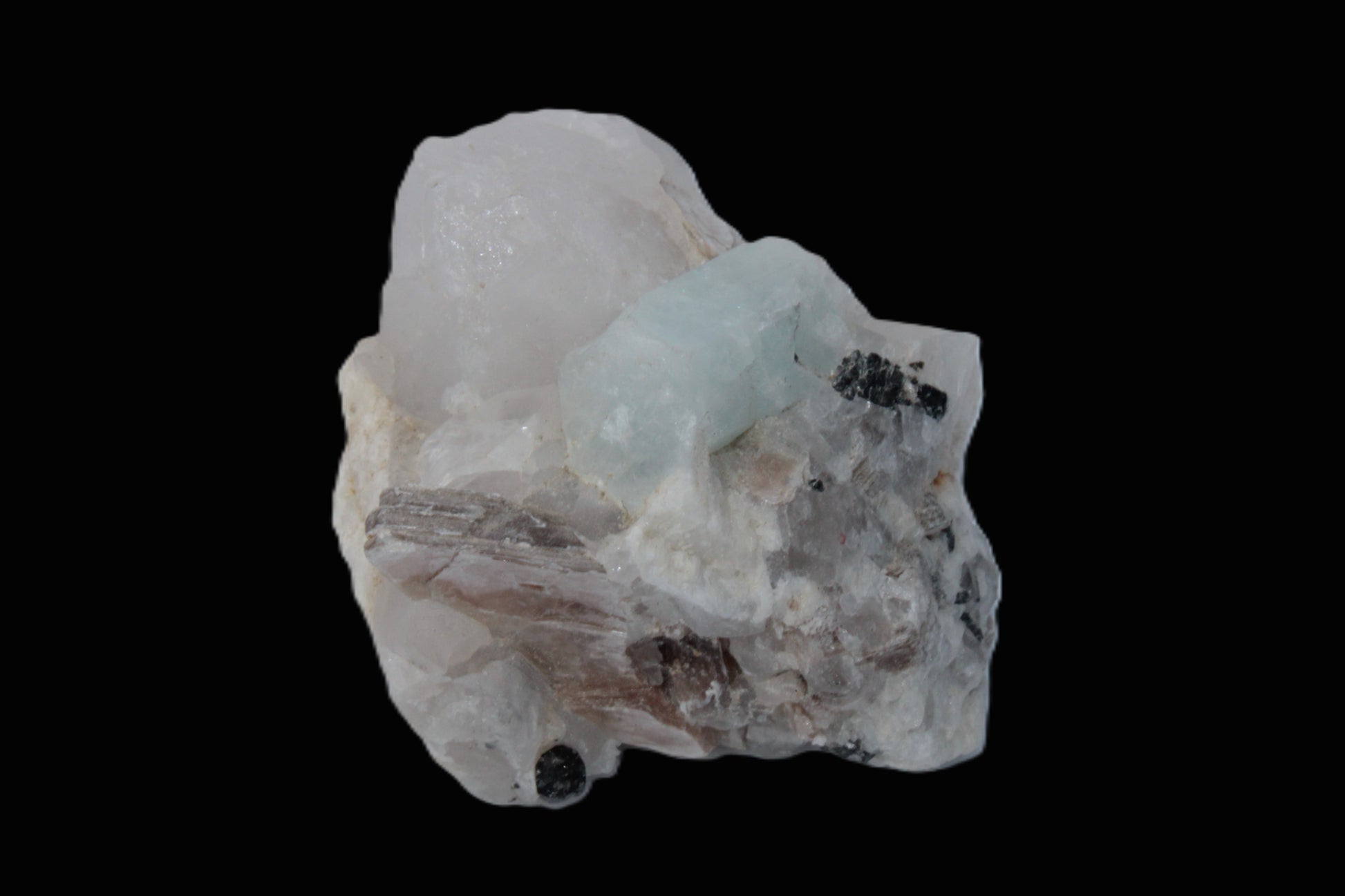 Aquamarine crystal with Lepidolote & Tourmaline crystals on matrix 159.8ct  31.9g Rocks and Things