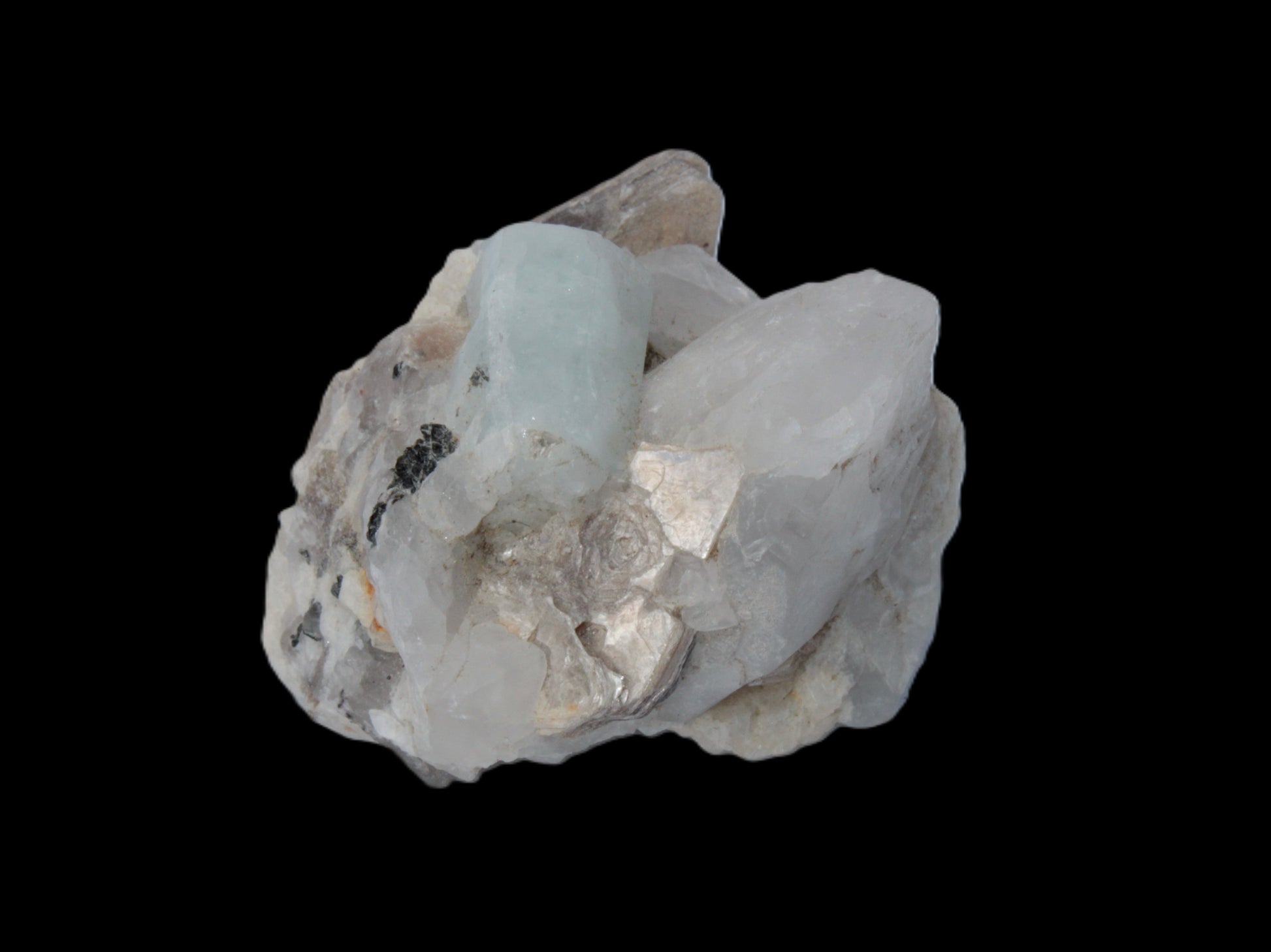 Aquamarine crystal with Lepidolote & Tourmaline crystals on matrix 159.8ct  31.9g Rocks and Things