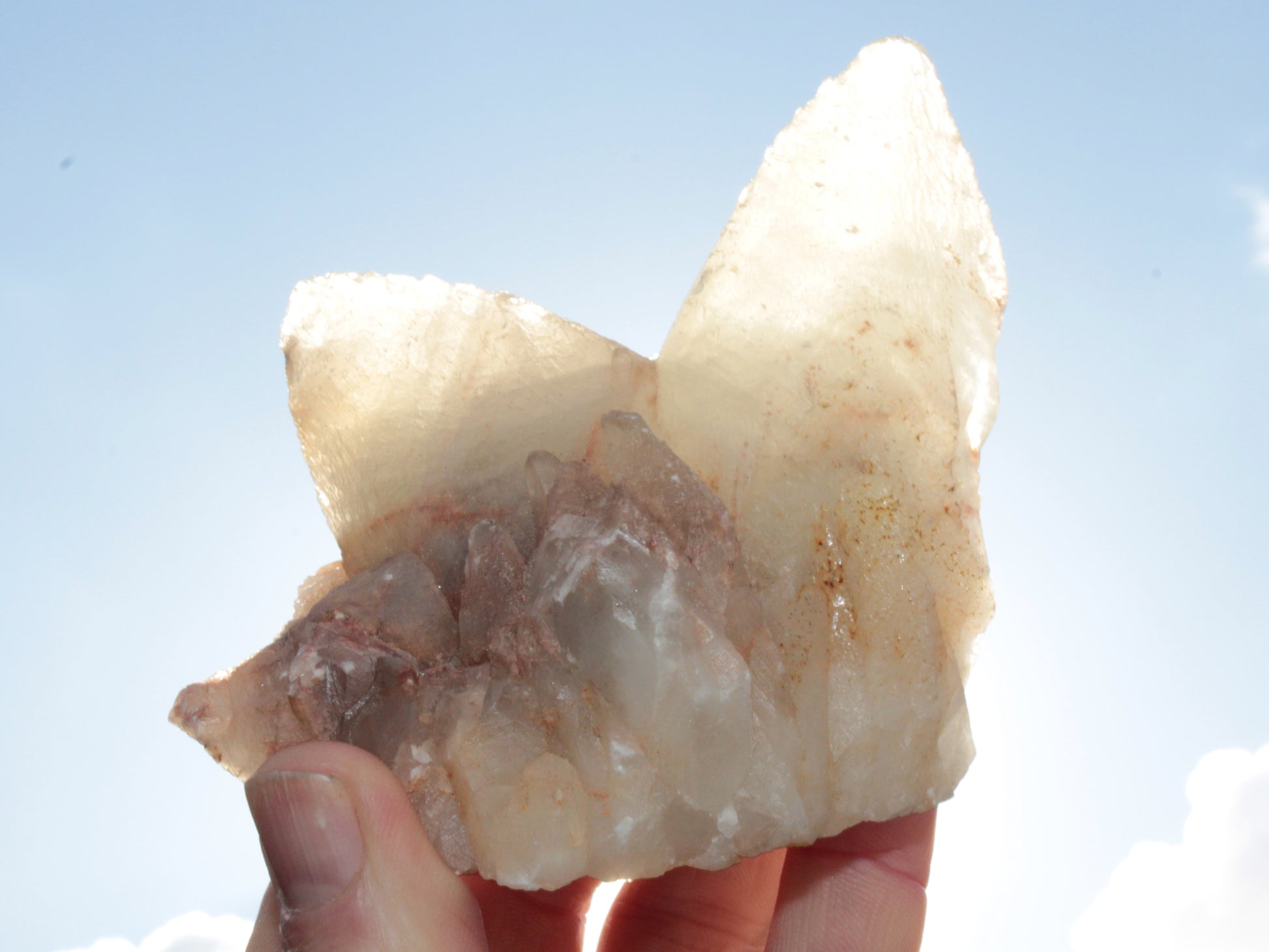 Dog-tooth Calcite cystals on cubic Purple Fluorite cluster 470.9ct  94.1g Rocks and Things