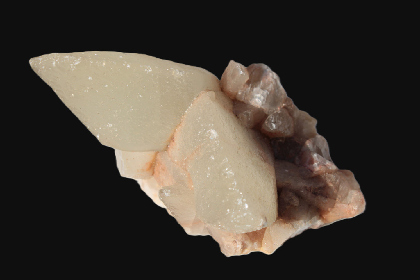 Dog-tooth Calcite cystals on cubic Purple Fluorite cluster 470.9ct  94.1g Rocks and Things