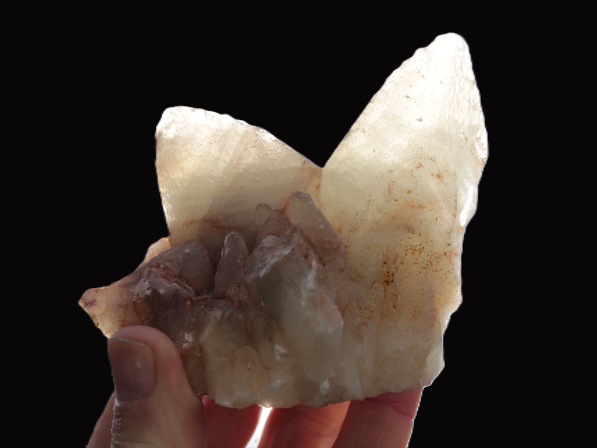 Dog-tooth Calcite cystals on cubic Purple Fluorite cluster 470.9ct  94.1g Rocks and Things