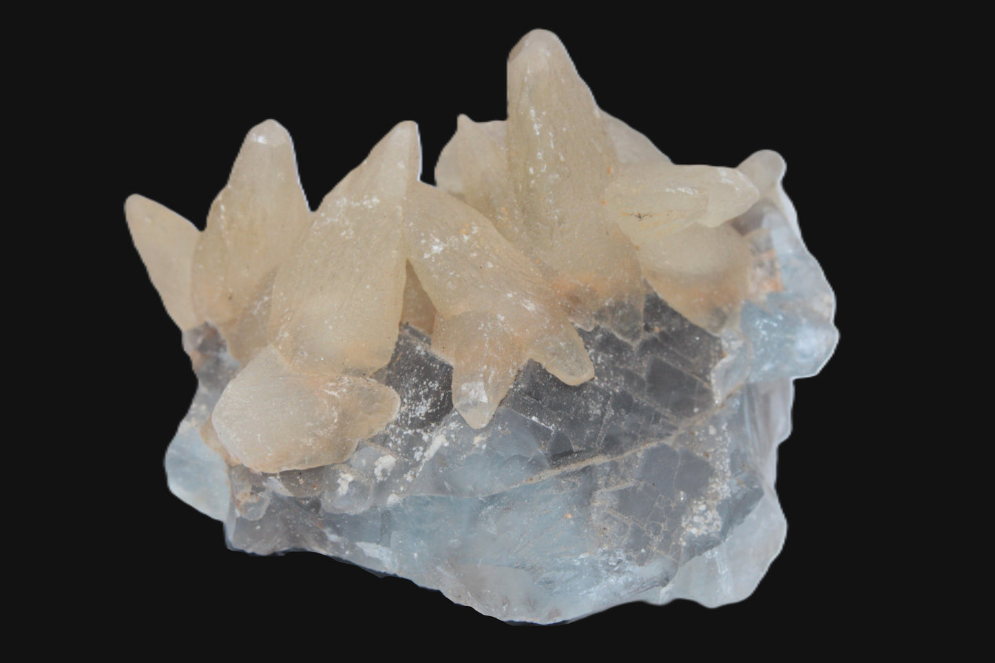 Dog-tooth Calcite cystals on cubic Blue Fluorite cluster 277ct  55.4g Rocks and Things