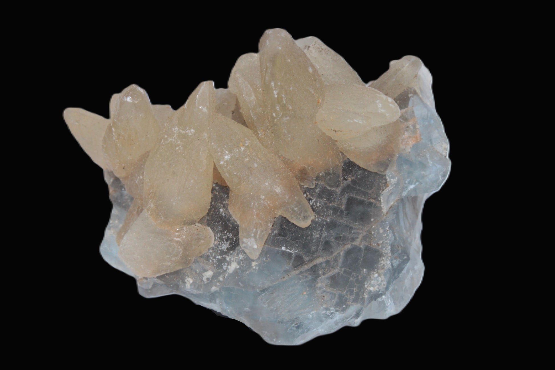 Dog-tooth Calcite cystals on cubic Blue Fluorite cluster 277ct  55.4g Rocks and Things