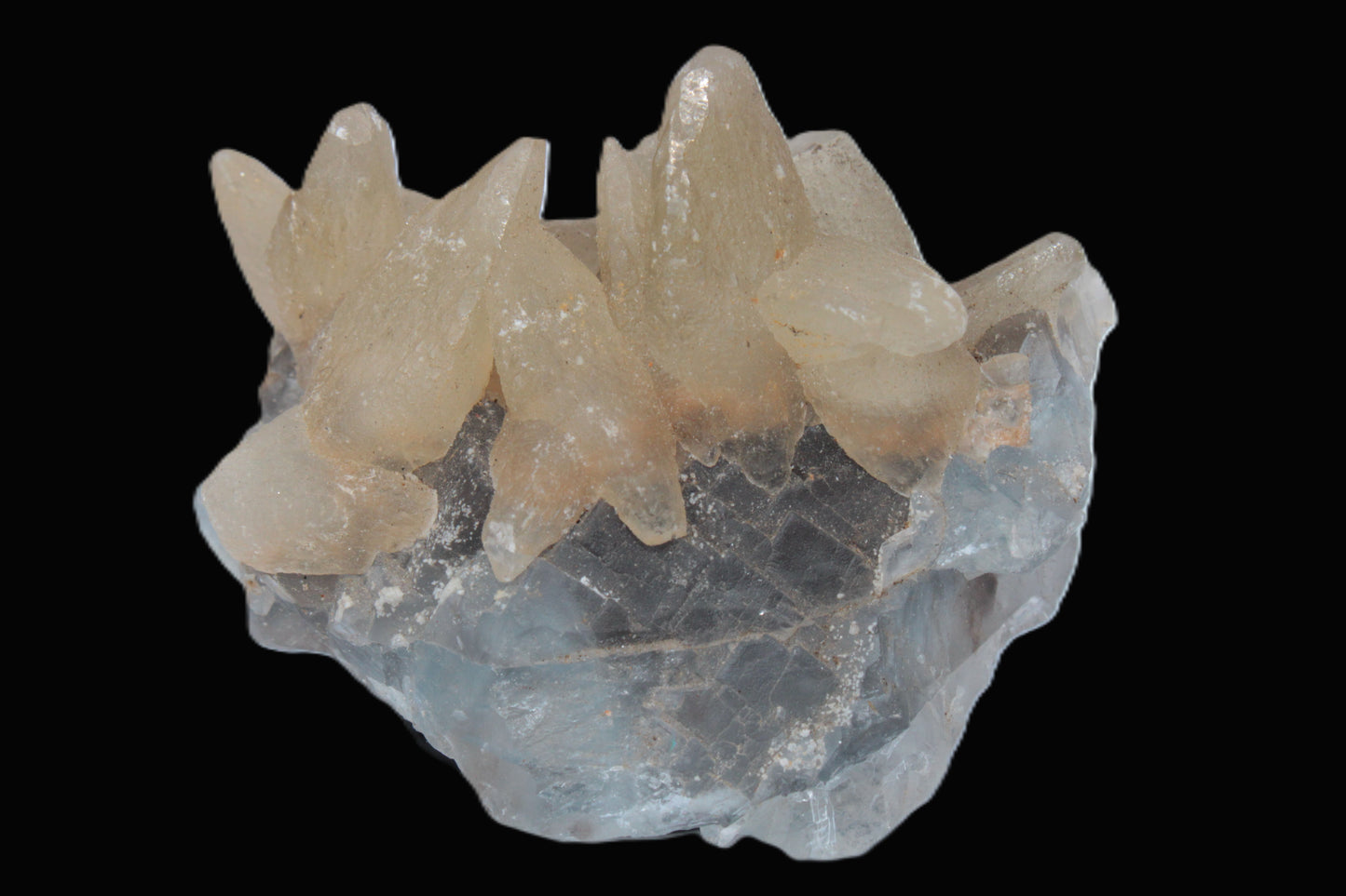 Dog-tooth Calcite cystals on cubic Blue Fluorite cluster 277ct  55.4g Rocks and Things