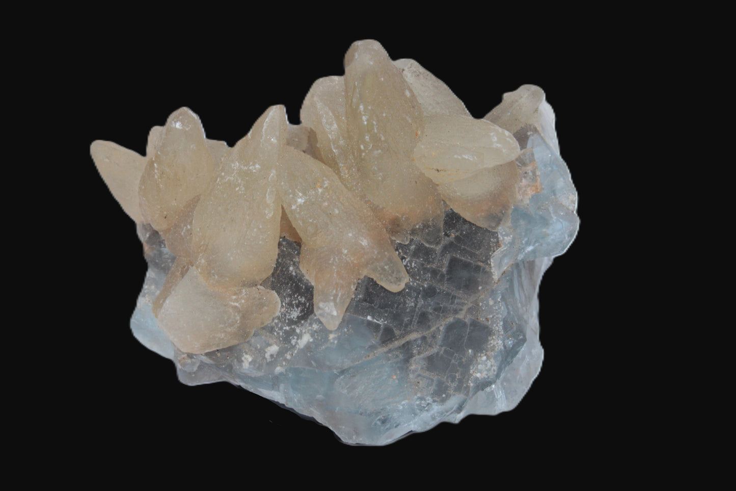 Dog-tooth Calcite cystals on cubic Blue Fluorite cluster 277ct  55.4g Rocks and Things