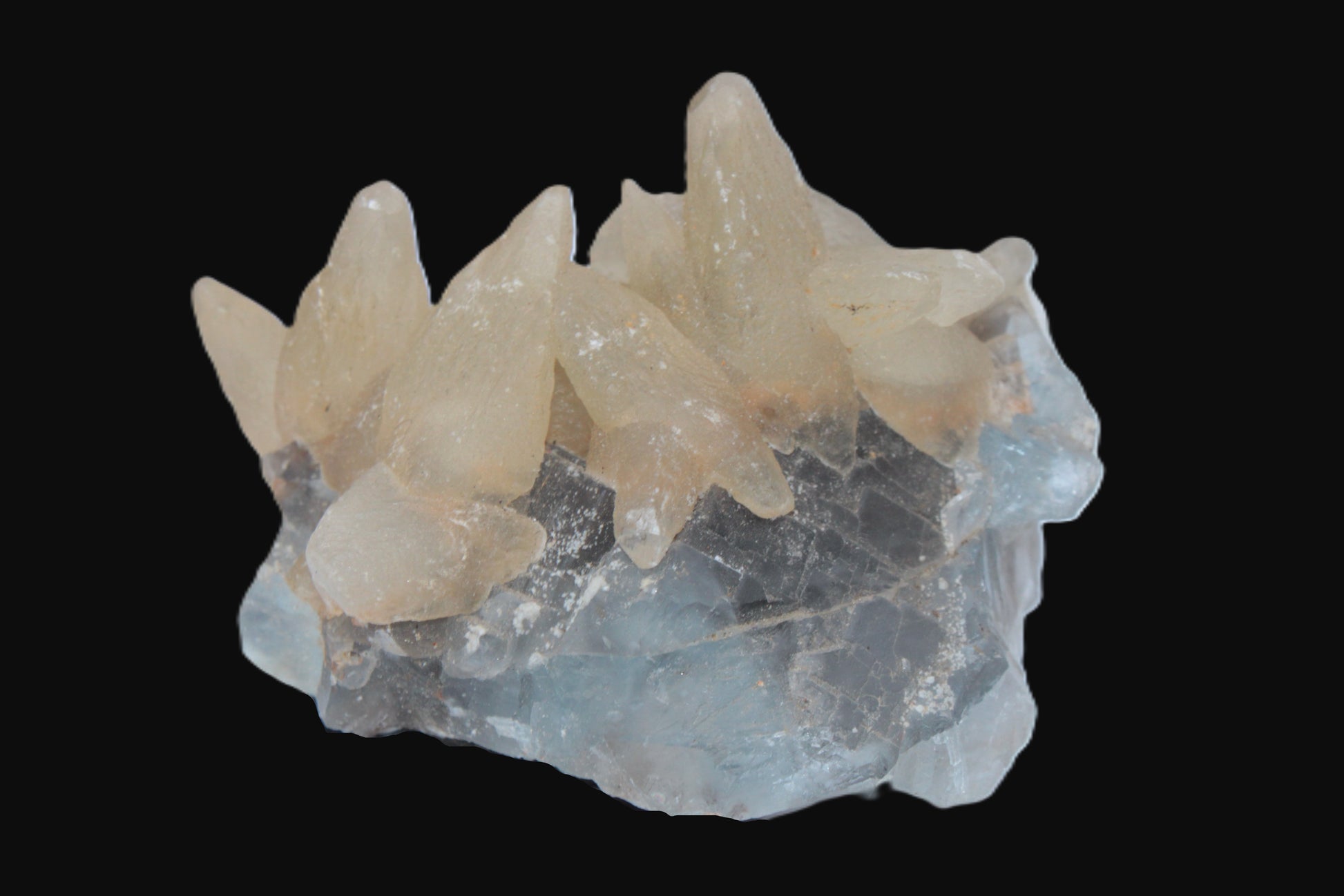 Dog-tooth Calcite cystals on cubic Blue Fluorite cluster 277ct  55.4g Rocks and Things