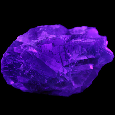 Blue Fluorite cubic cluster with Clear Calcite 168.8g in UV light - Rocks and Things Store