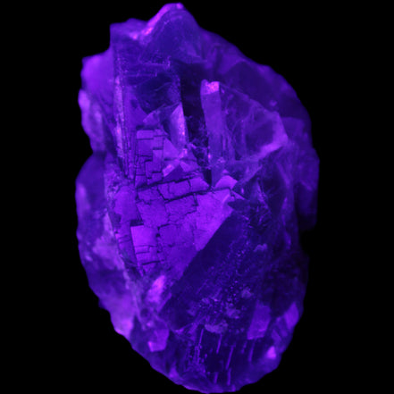 Blue Fluorite cubic cluster with Clear Calcite 168.8g in UV light - Rocks and Things Store