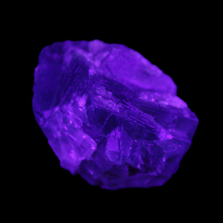 Blue Fluorite cubic cluster with Clear Calcite 168.8g in UV light - Rocks and Things Store