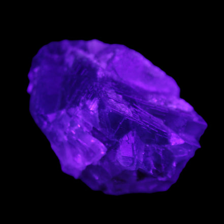 Blue Fluorite cubic cluster with Clear Calcite 168.8g in UV light - Rocks and Things Store