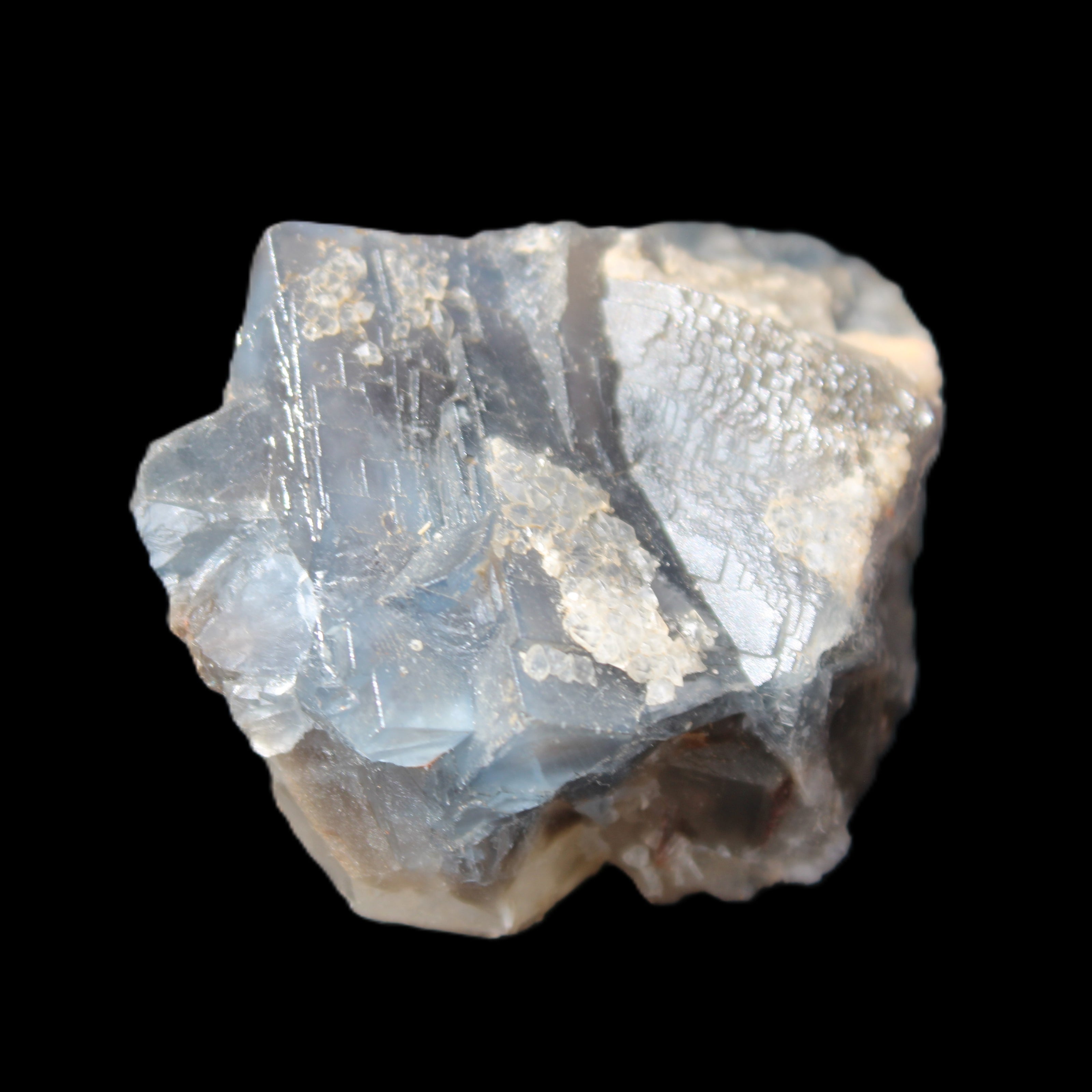 Blue Fluorite cubic cluster with Clear Calcite 168.8g in sunlight - Rocks and Things Store
