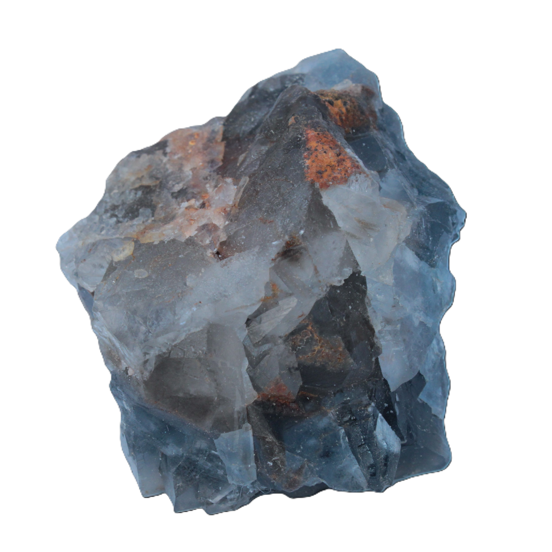 Blue Fluorite cubic cluster with Clear Calcite 168.8g Rocks and Things Store
