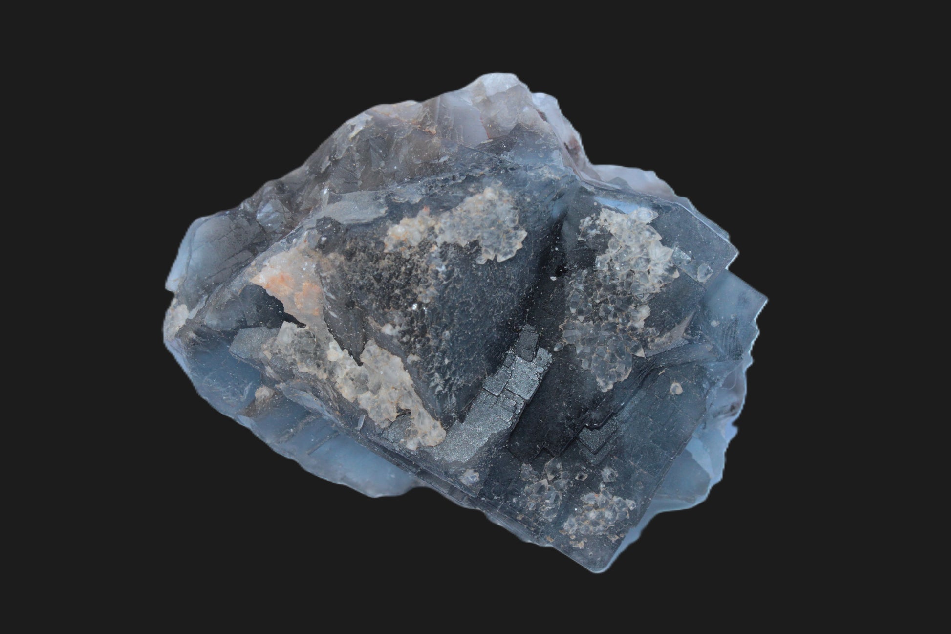 Blue Fluorite cubic cluster with Clear Calcite 168.8g Rocks and Things