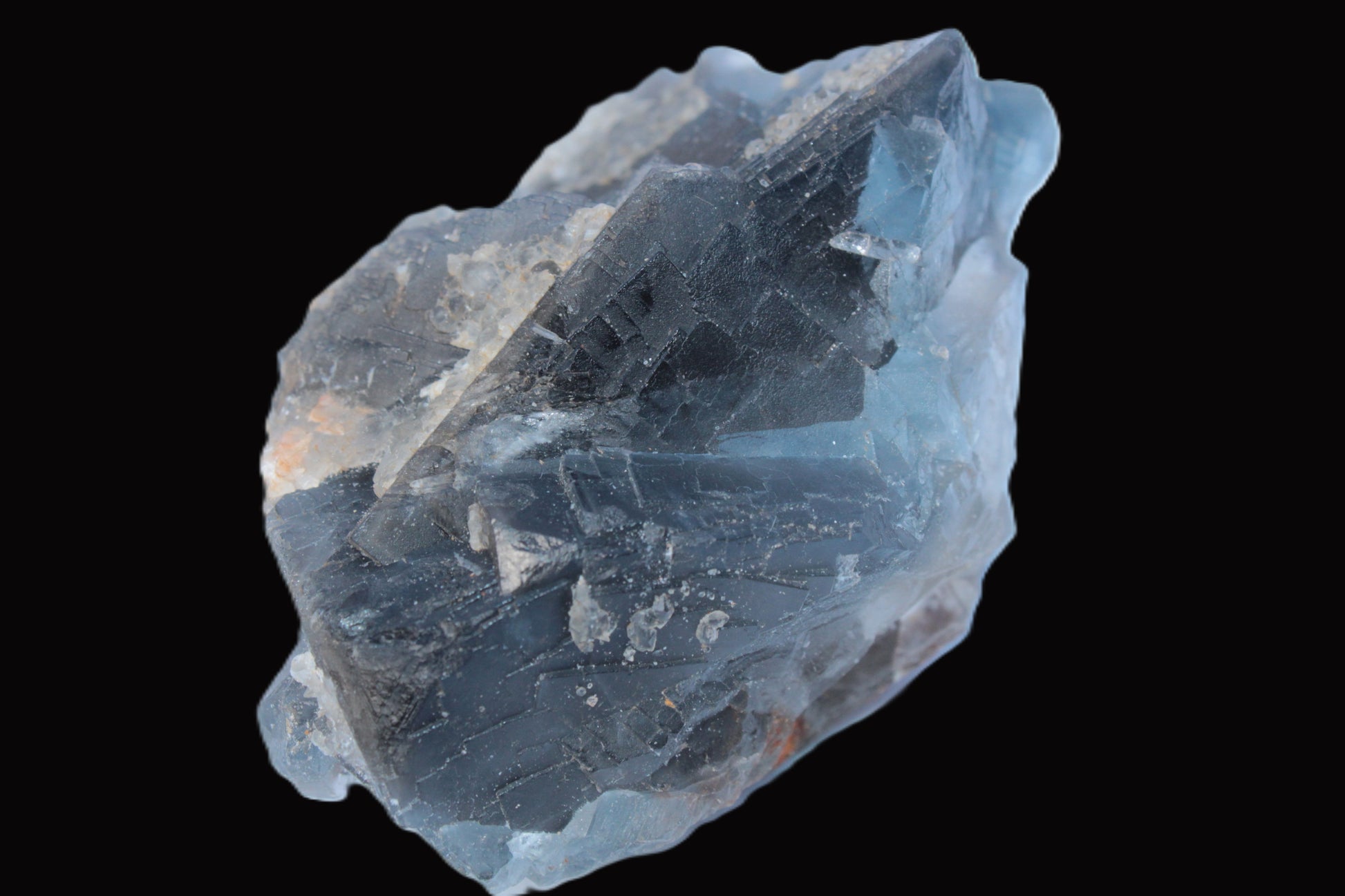 Blue Fluorite cubic cluster with Clear Calcite 168.8g Rocks and Things