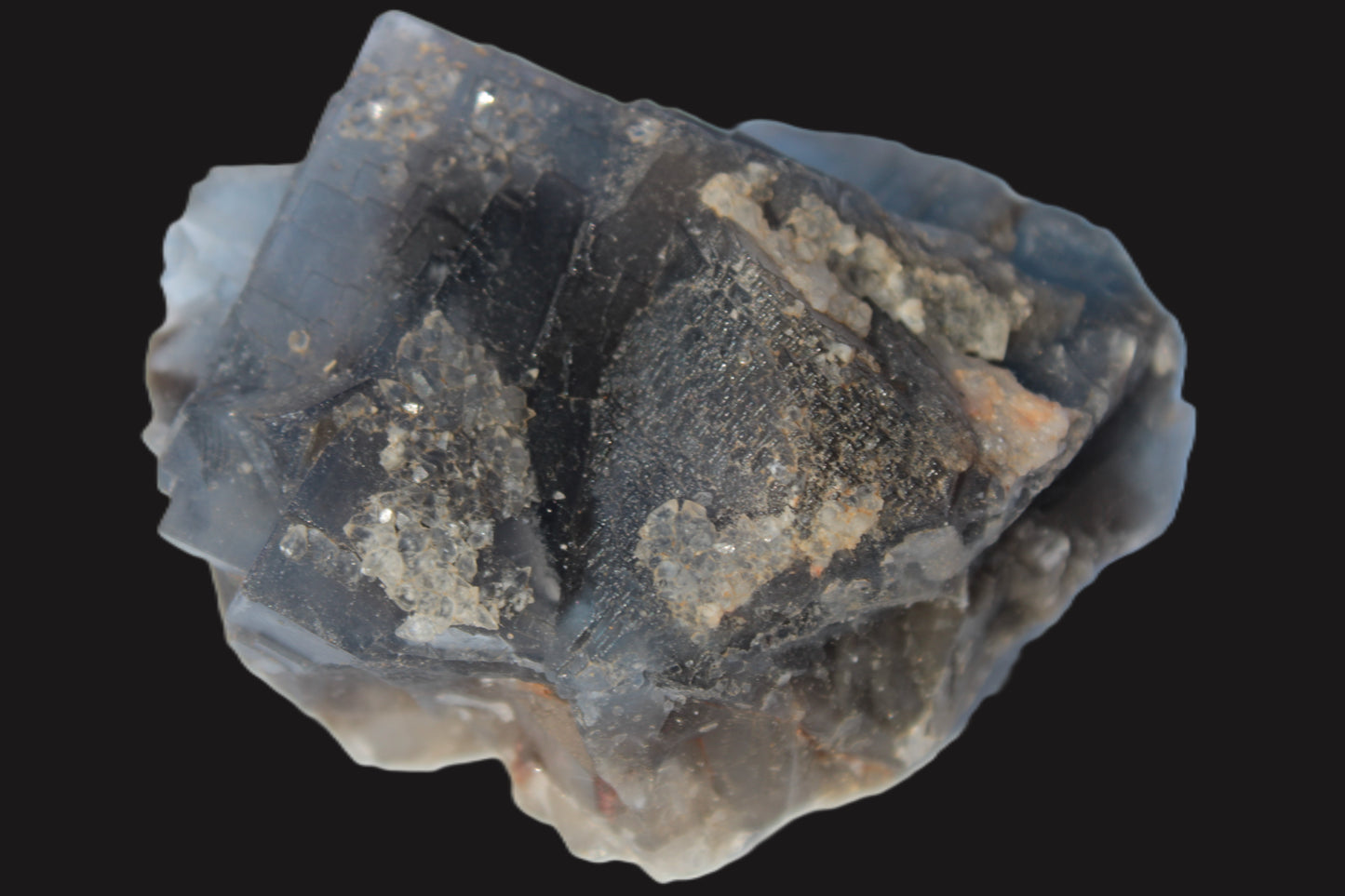 Blue Fluorite cubic cluster with Clear Calcite 168.8g Rocks and Things