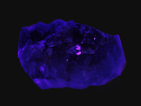 Cubic Blue Fluorite  with Clear Calcite cluster in UV light