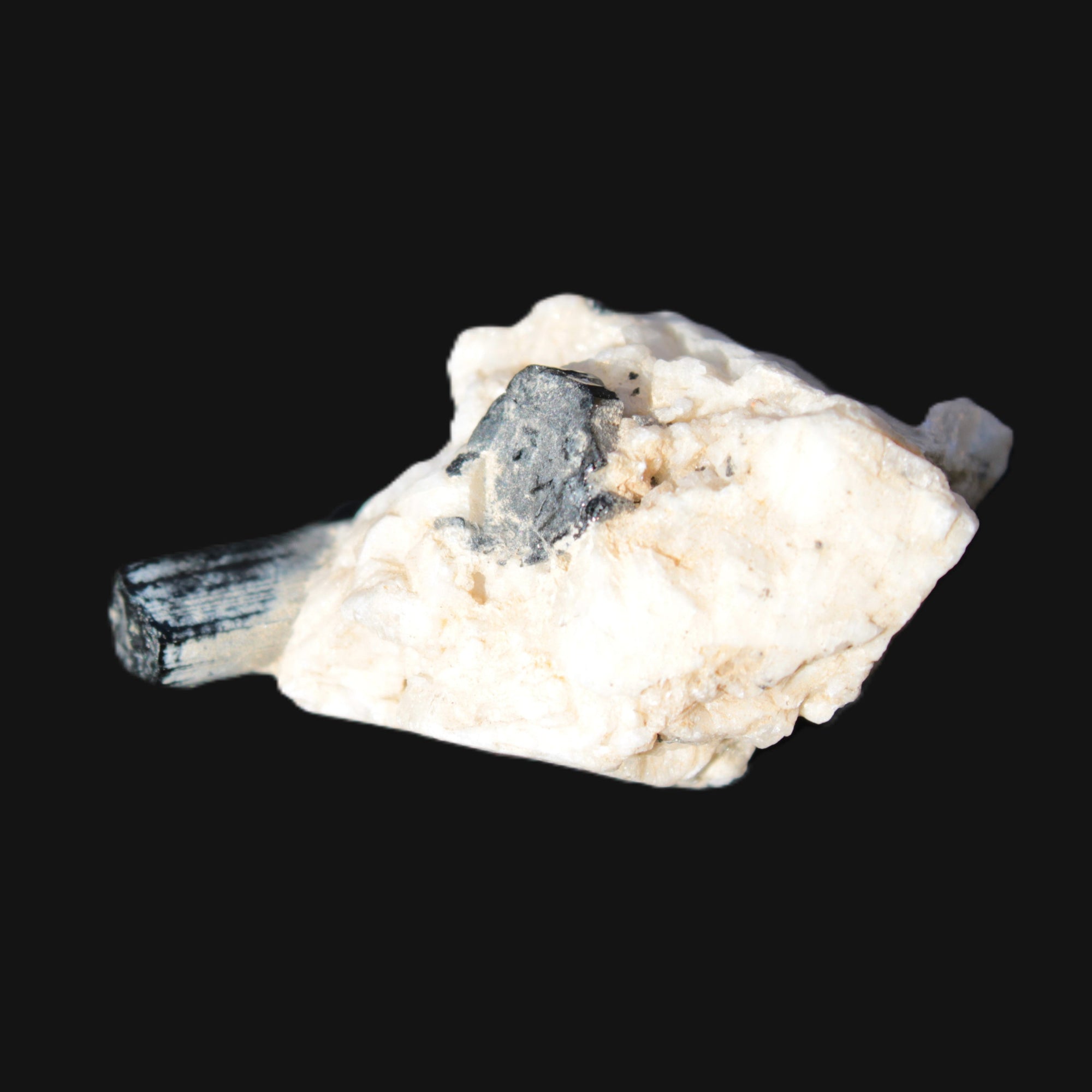 Rainbow Black Tourmaline 20mm crystal on Elbaite, Feldspar and Mica in sunlight - Rocks and Things Store