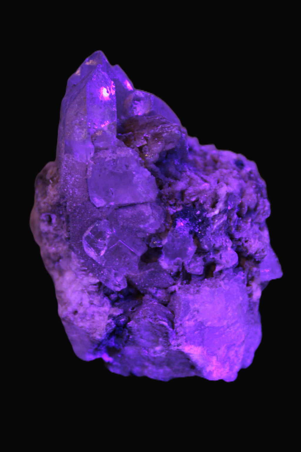 Elestial double-terminated Quartz with Aquamarine, Elbaite & Kunzite crystals on matrix 70mm 845ct 169g in UV light - Rocks and Things Store