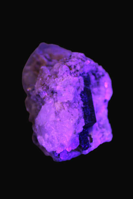 Elestial double-terminated Quartz with Aquamarine, Elbaite & Kunzite crystals on matrix 70mm 845ct 169g in UV light - Rocks and Things Store