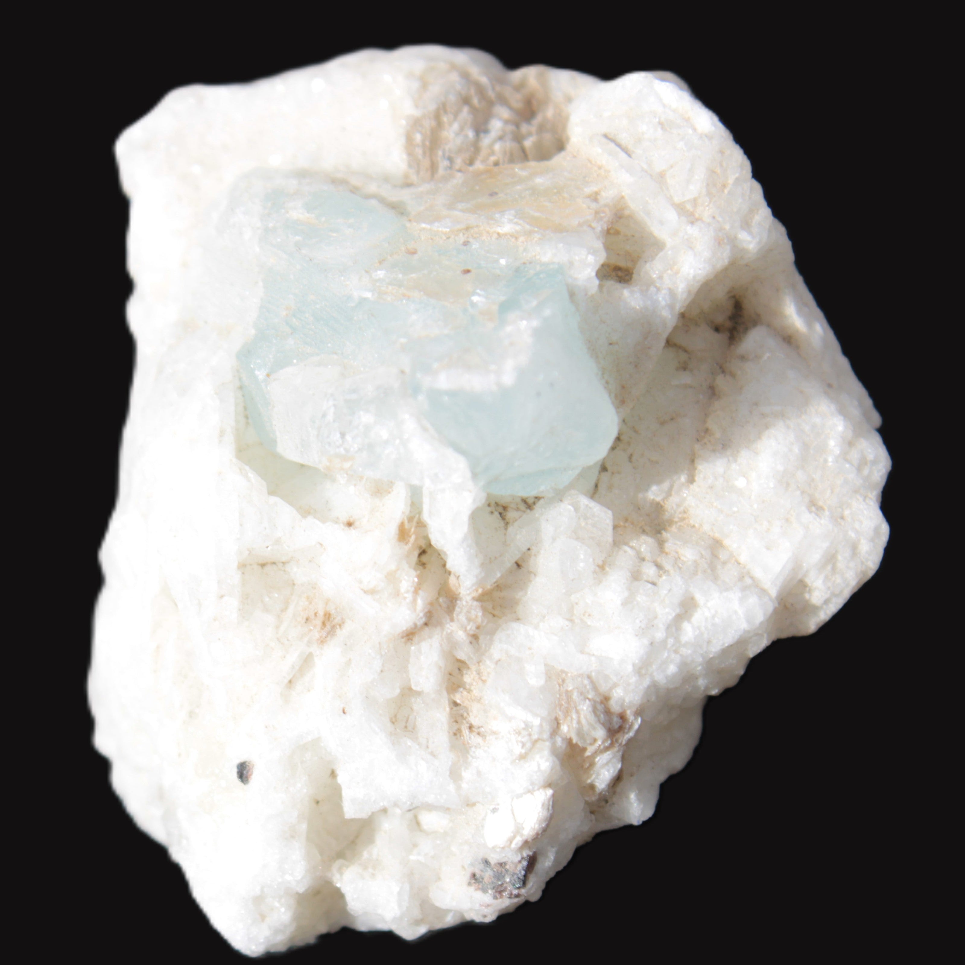 Aquamarine with three Micas in Feldspar matrix 311ct 62.3g in sunlight - Rocks and Things Store