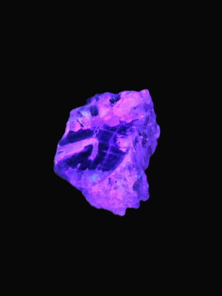 Blue Tourmaline Indicolite on Tourmaline with Calcite 106.5ct 21.3g in UV light  - Rocks and Things Store