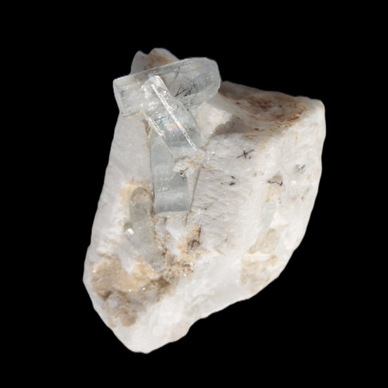 Rutile Aquamarine cluster on Feldspar matrix 28mm 93.6ct 18.7g in sunshine - Rocks and Things Store