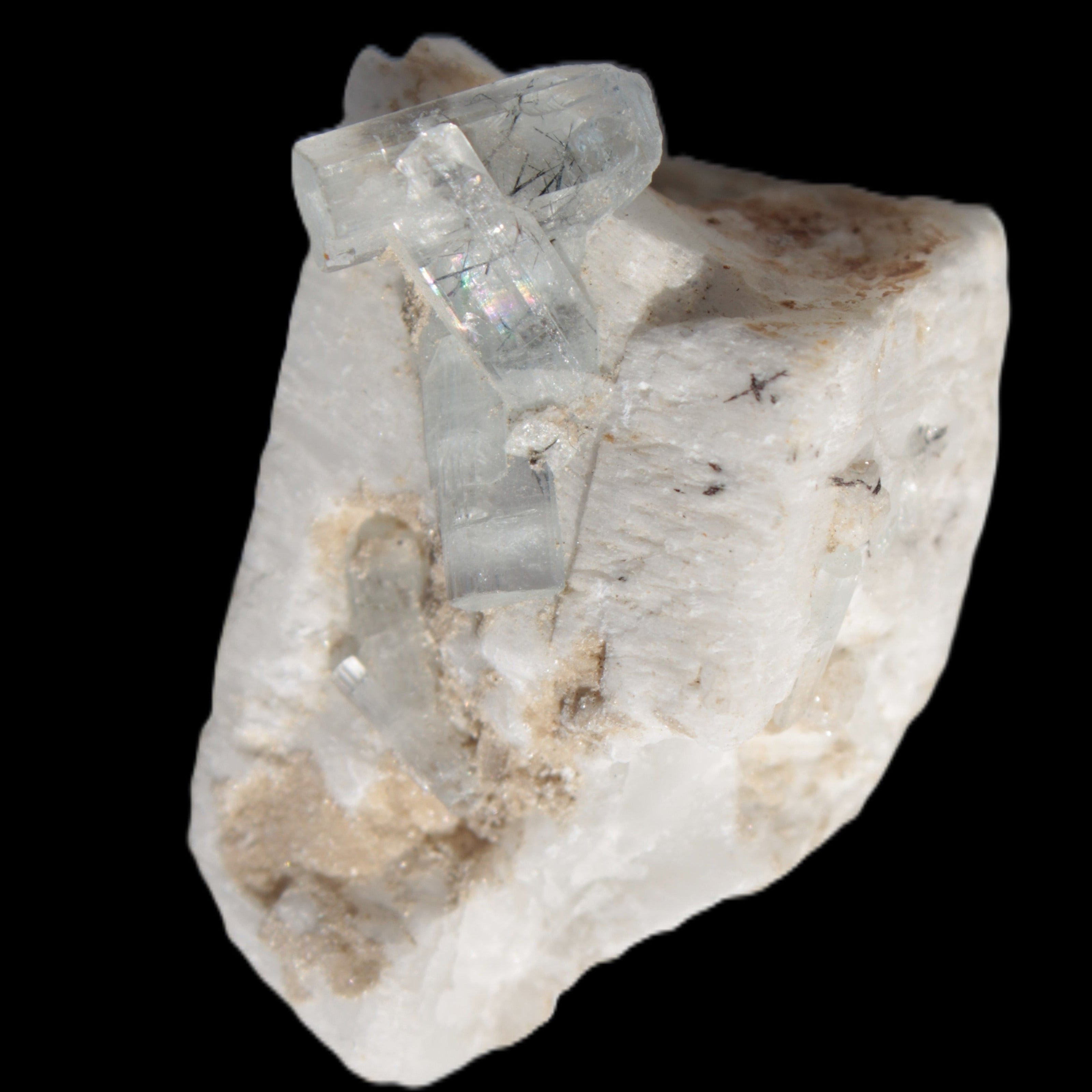 Rutile Aquamarine cluster on Feldspar matrix 28mm 93.6ct 18.7g in sunshine - Rocks and Things Store