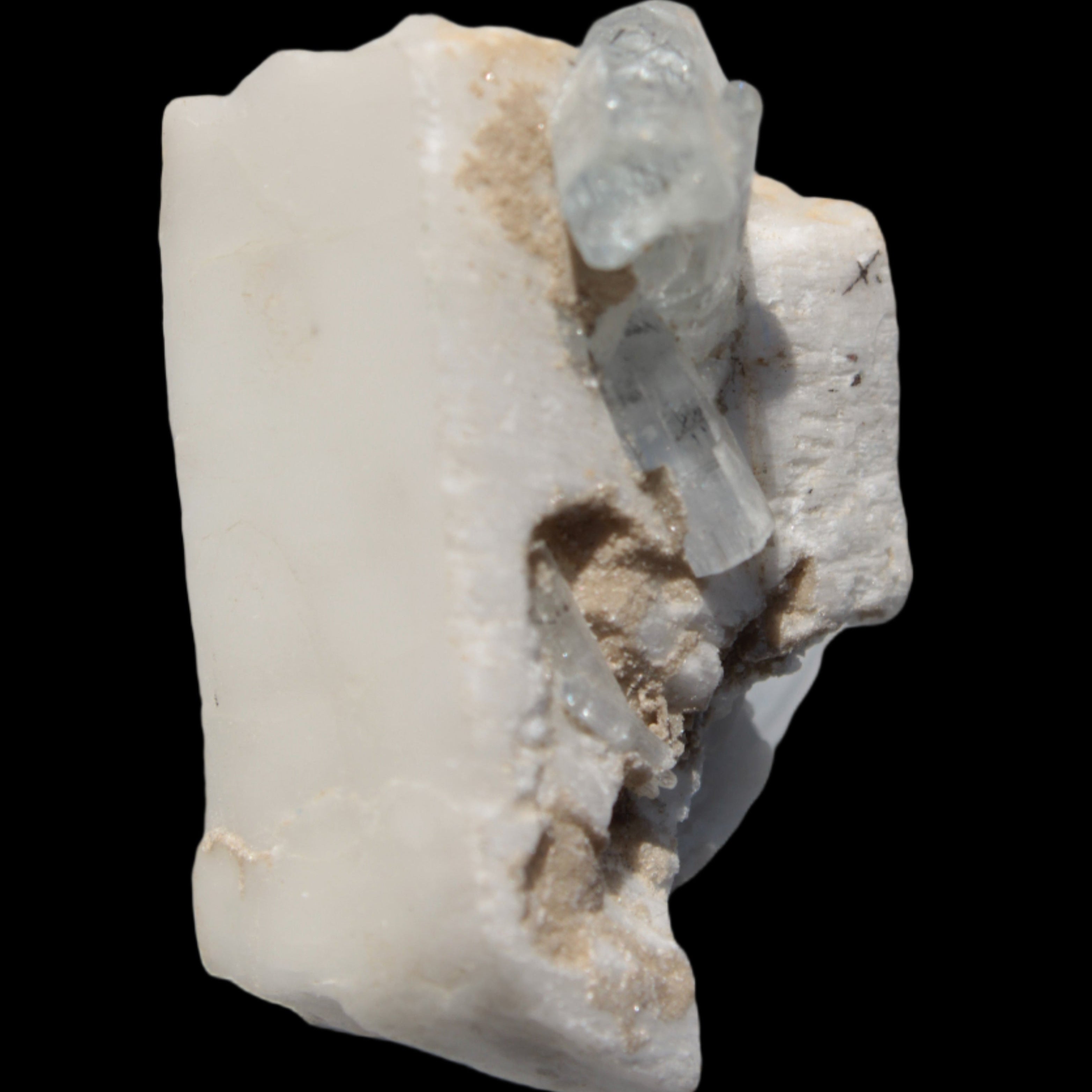 Rutile Aquamarine cluster on Feldspar matrix 28mm 93.6ct 18.7g in sunshine - Rocks and Things Store