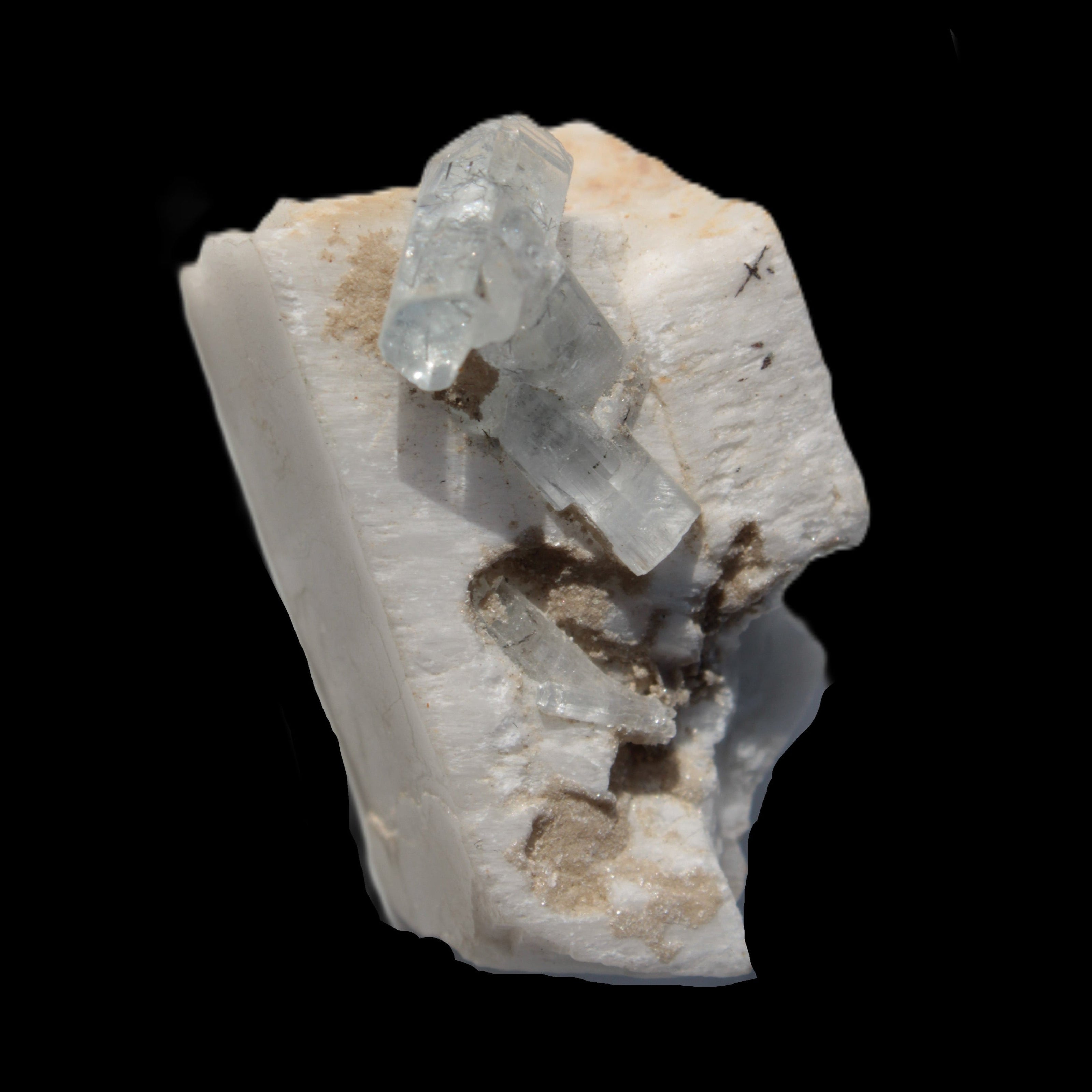 Rutile Aquamarine cluster on Feldspar matrix 28mm 93.6ct 18.7g in sunshine - Rocks and Things Store