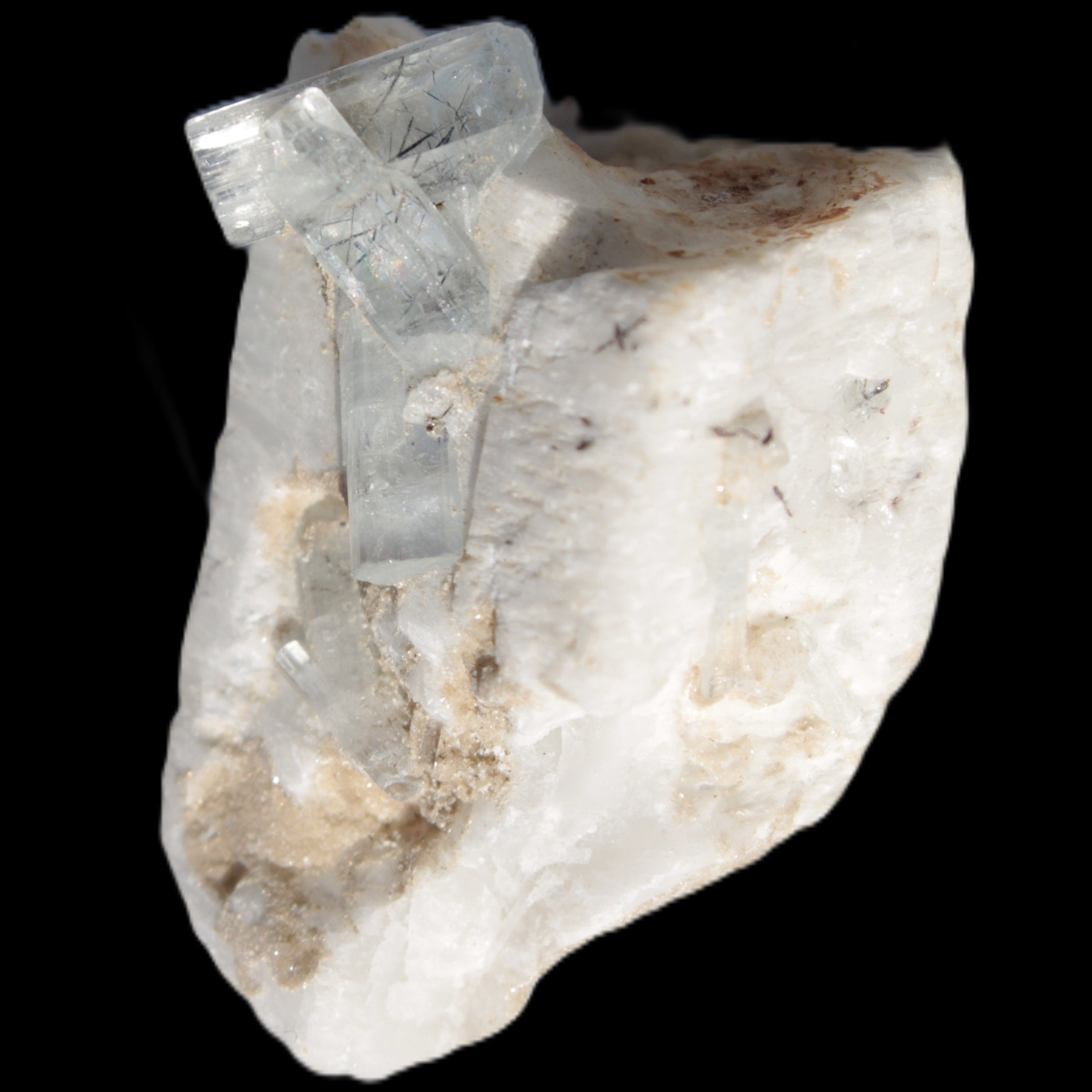 Rutile Aquamarine cluster on Feldspar matrix 28mm 93.6ct 18.7g in sunshine - Rocks and Things Store