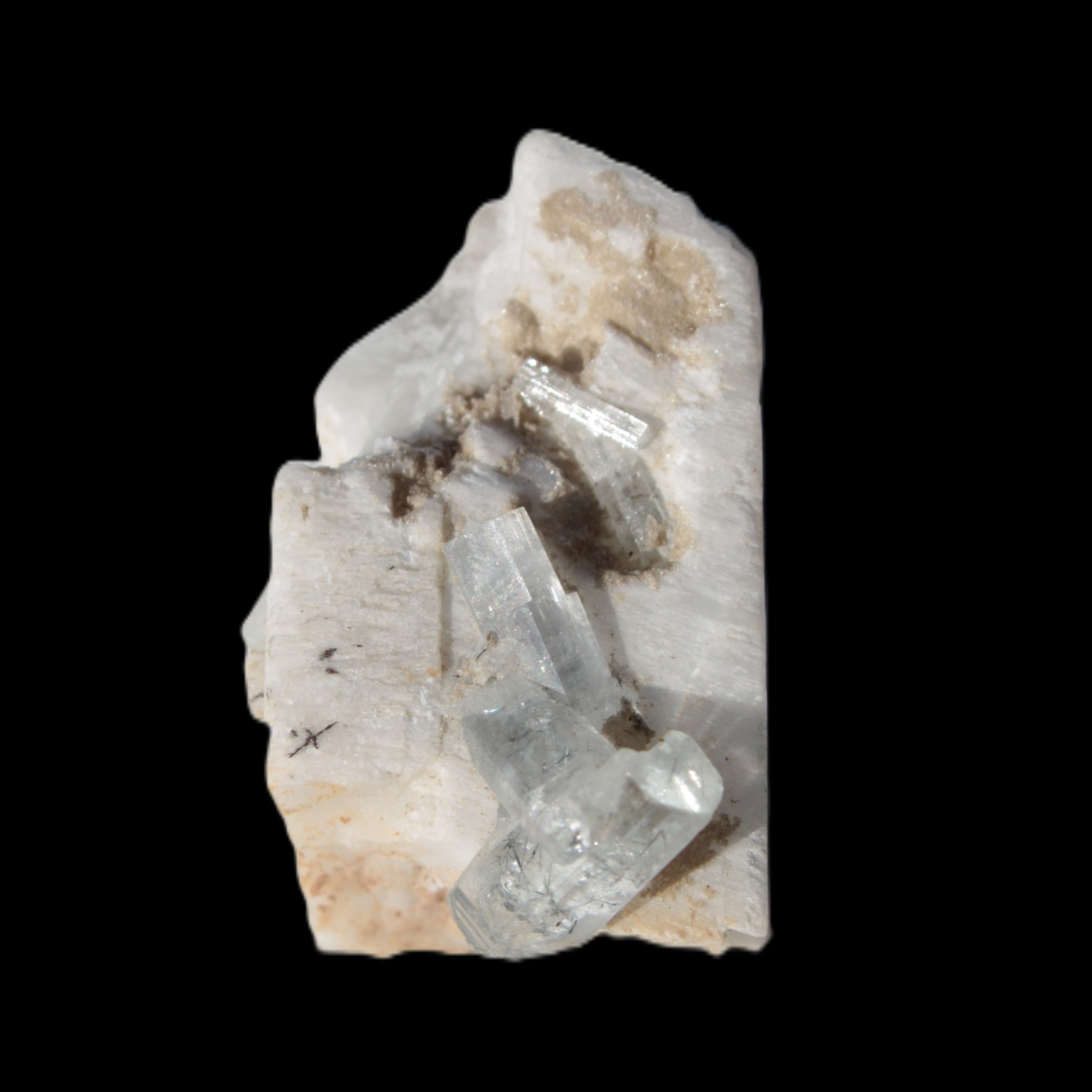 Rutile Aquamarine cluster on Feldspar matrix 28mm 93.6ct 18.7g in sunshine - Rocks and Things Store