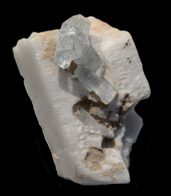 Rutile Aquamarine cluster on Feldspar matrix 28mm 93.6ct 18.7g in sunshine - Rocks and Things Store