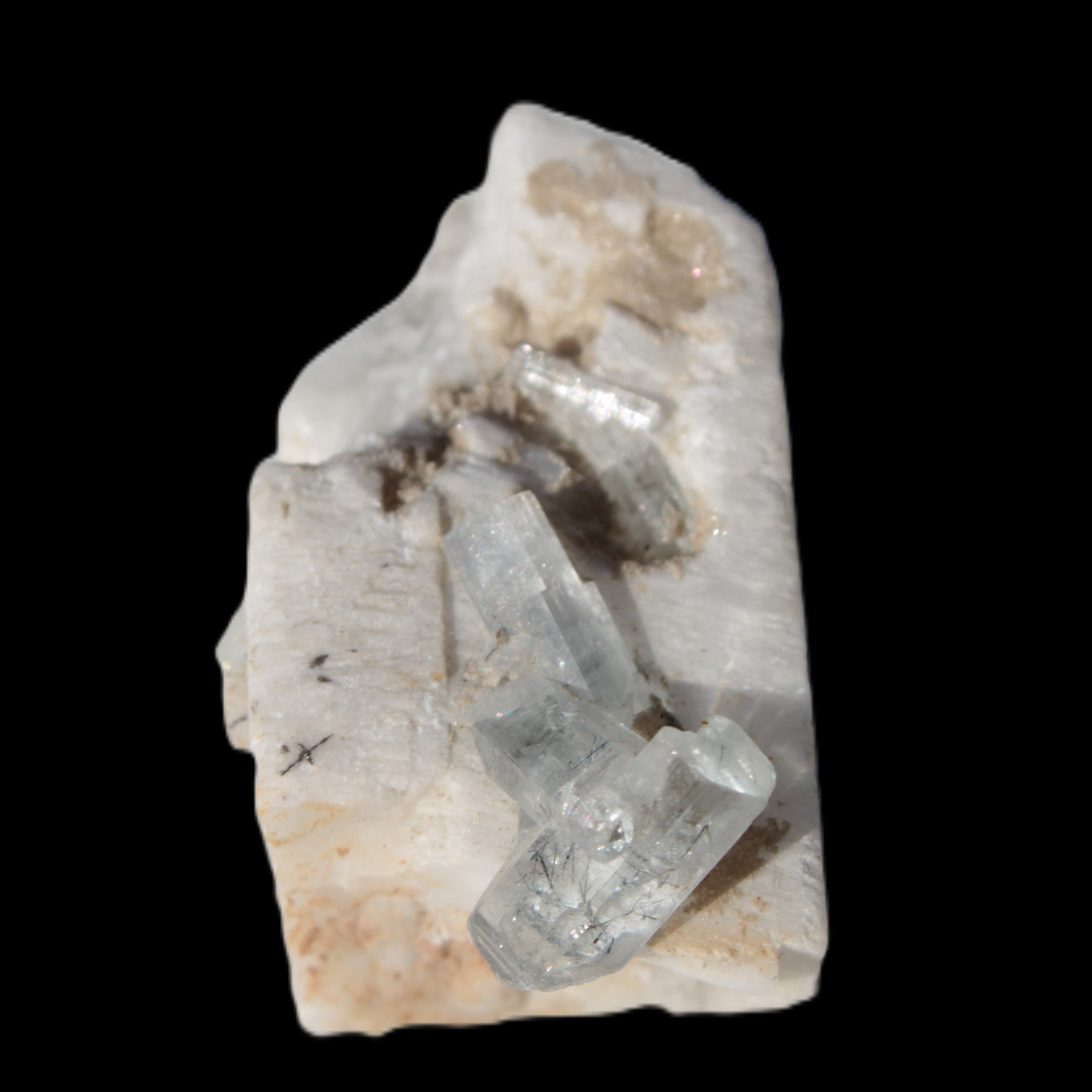 Rutile Aquamarine cluster on Feldspar matrix 28mm 93.6ct 18.7g in sunshine - Rocks and Things Store