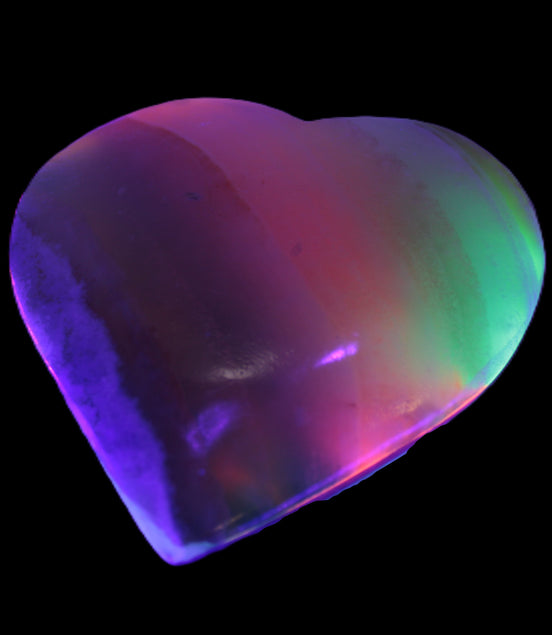 Heart hand-carved in dyed Calcite from Pakistan 72*68*16mm 126.6g in UV light - Rocks and Things Store