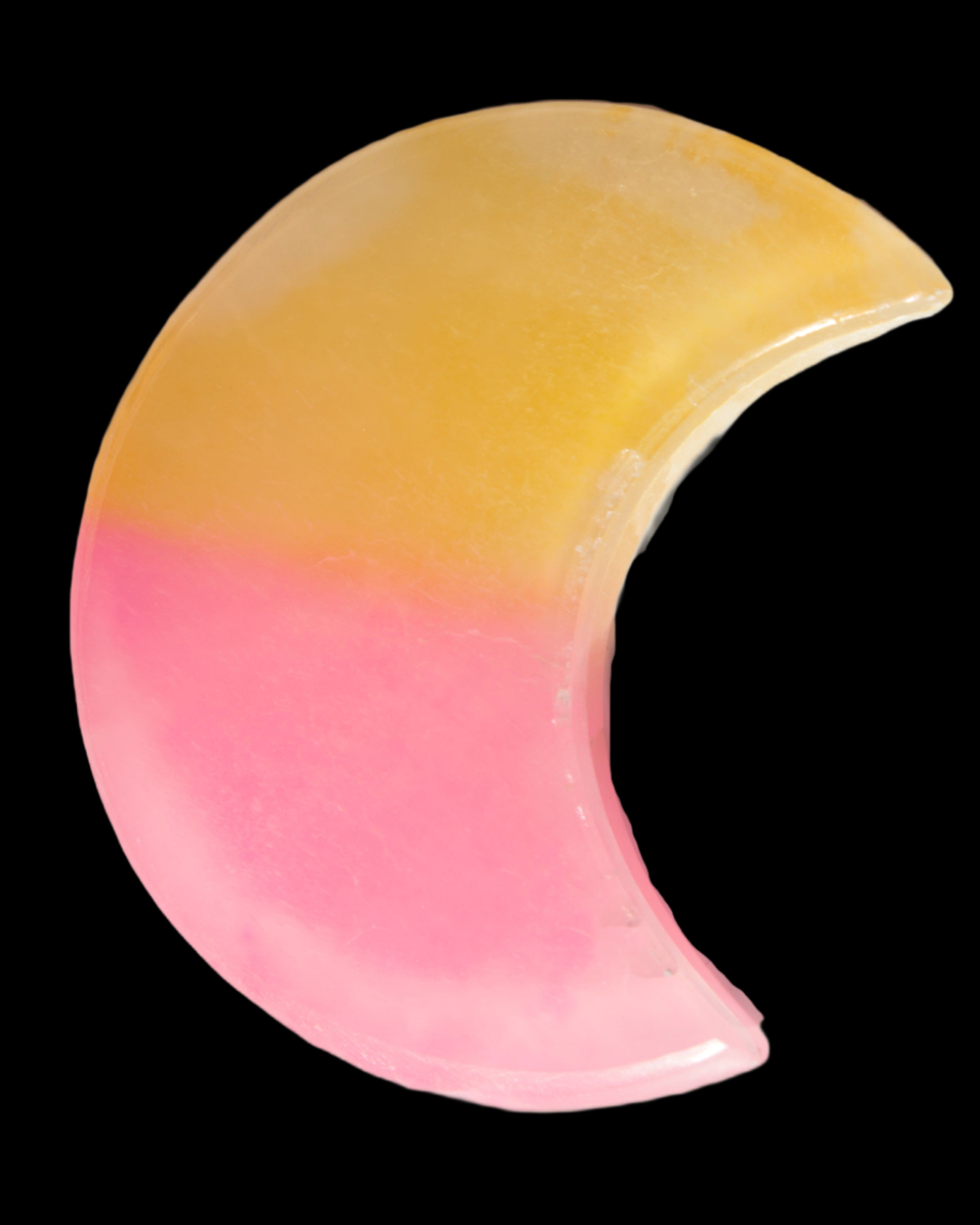 Pink and Yellow dyed Calcite crescent moon 90*100*14mm 201g in sunlight - Rocks and Things Store