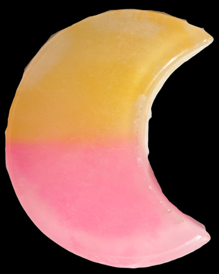 Pink and Yellow dyed Calcite crescent moon 90*100*14mm 201g in sunlight - Rocks and Things Store