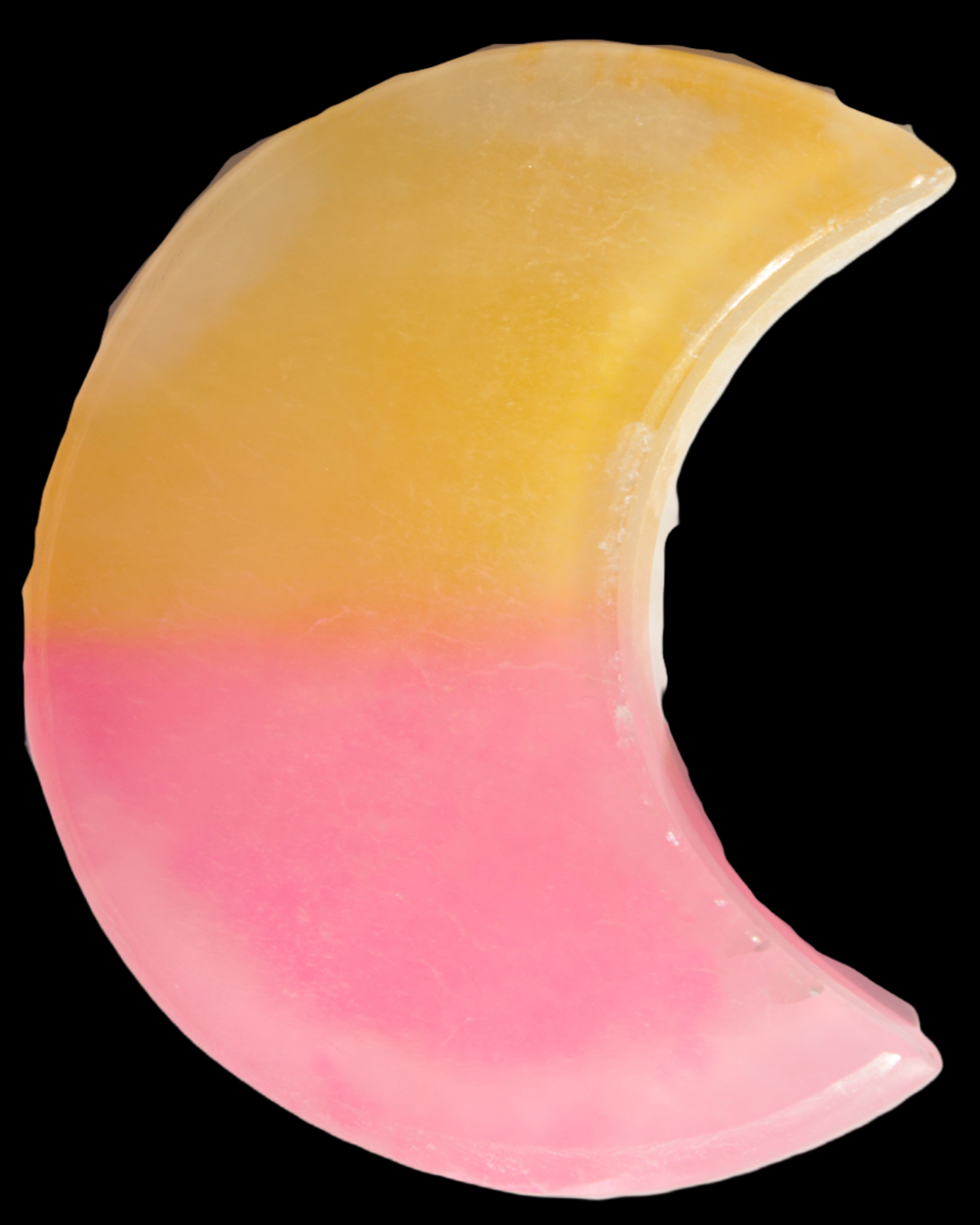 Pink and Yellow dyed Calcite crescent moon 90*100*14mm 201g in sunlight - Rocks and Things Store